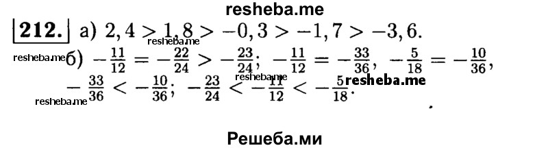 
    212. Расположите числа: 
а) 1,8; -3,6; 2,4; -1,7; -0,3 в порядке убывания;
б) -11/12; -5/18; -23/24 в прядке возрастания.
