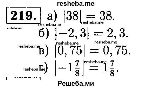 
    219.	Найдите модуль числа: 
а) 38;
б) -2,3 ;
в) 0,75;
г) -1*7/8.
