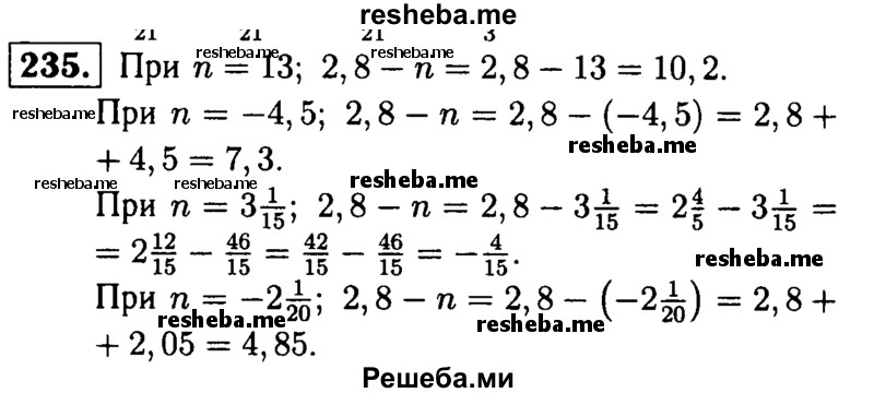 
    235.	Найдите значение выражения 2,8-n, если n=13; n= -4,5; n= 3*1/15; n= -2*1/20.
