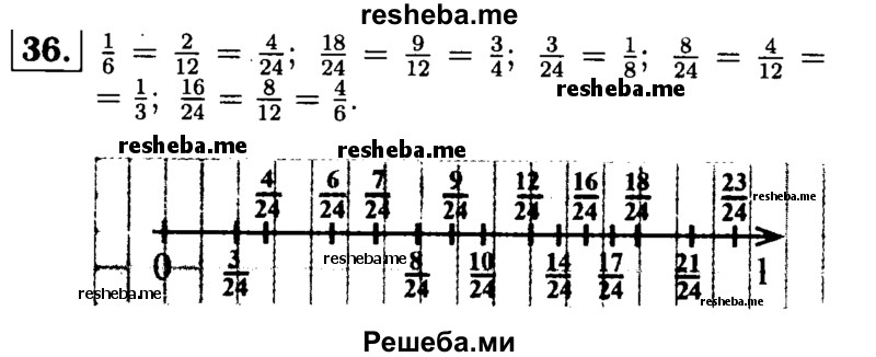 
    36.	Начертите координатный (числовой) луч, приняв за единичный отрезок длину 24 клеток тетради. Отметьте на луче точки с координатами
3/24,  4/24,  8/24, 9/24,  13/24,  16/24,  17/24,  2/12,  4/12,  8/12,  9/12, 1/8,  1/6,  4/6,  3/4,  1/3.
Какие из этих чисел изображаются на координатном луче одной и той же точкой? Напишите соответствующие равенства.
