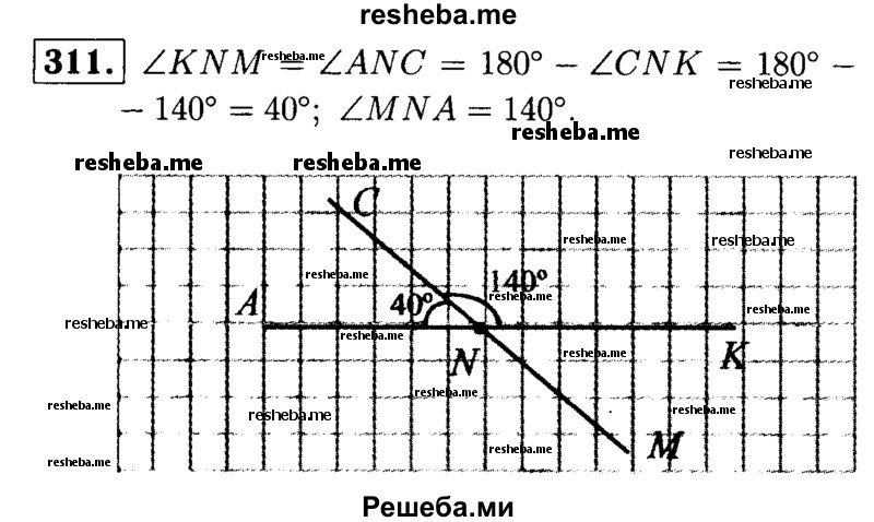 
    311.	Начертите две пересекающиеся в точке N прямые СМ и АК так, чтобы ∟CNK = 140°. Вычислите градусную меру углов KNM, MNA и ANC.
