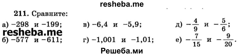 
    211. Сравните:
а) -298 и -199;
б) -577 и -611;
в) -6,4 и -5,9;
г) -1,001 и -1,01;
д) -4/9 и -5/6;
е) -7/15 и -9/20.
