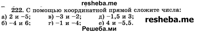 
    222.	С помощью координатной прямой сложите числа:
а) 2 и -5;
б) -4 и 6;
в) -3 и -2;
г) -1 и -4;
д) -1,5 и 3;
е) 4 и -5,5.
