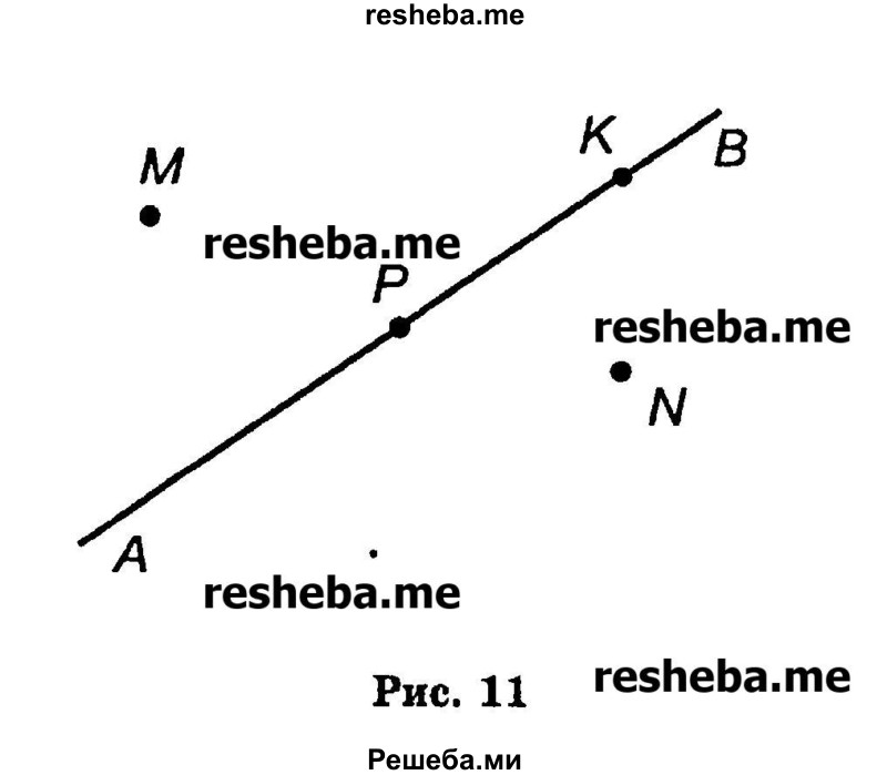 
    312.	Проведите прямую и точки так, как показано на рисунке 11. С помощью чертежного угольника проведите через каждую из точек М, N, К и Р прямую, перпендикулярную прямой АВ.
