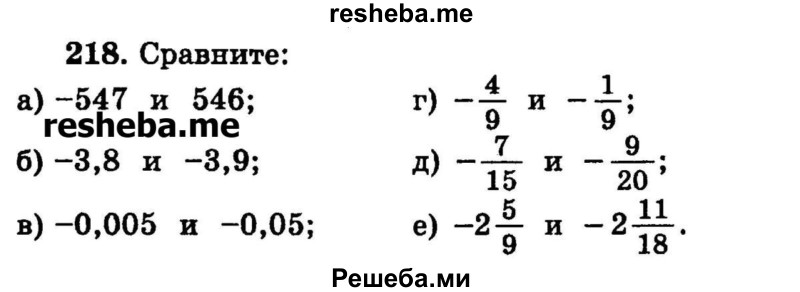 
    218.	Сравните:
а) -547	и 546;	
б) -3,8	и -3,9;	
в) -0,005 и -0,05; 
г) -4/9 и -1/9;
д) -7/15 и -9/20;
е) -2*5/9 и -2*11/18.
