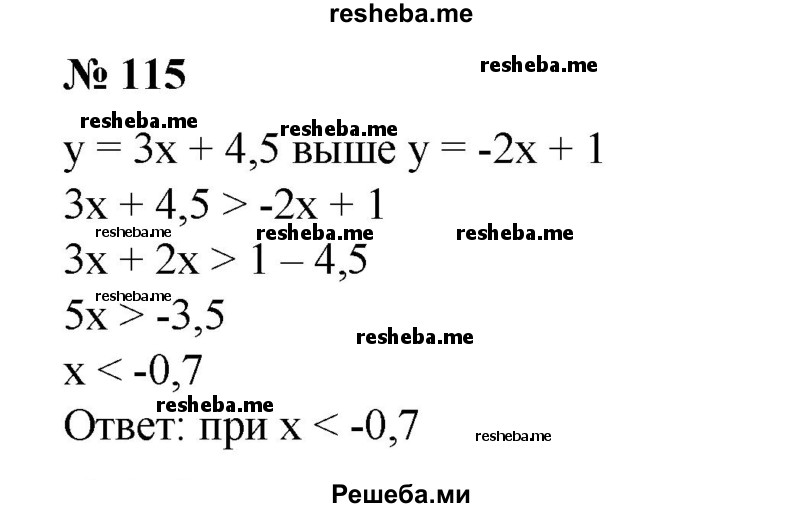 
    115. При каких значениях х точки графика функции у = Зх + 4,5 лежат выше точек графика функции у = -2х + 1?
