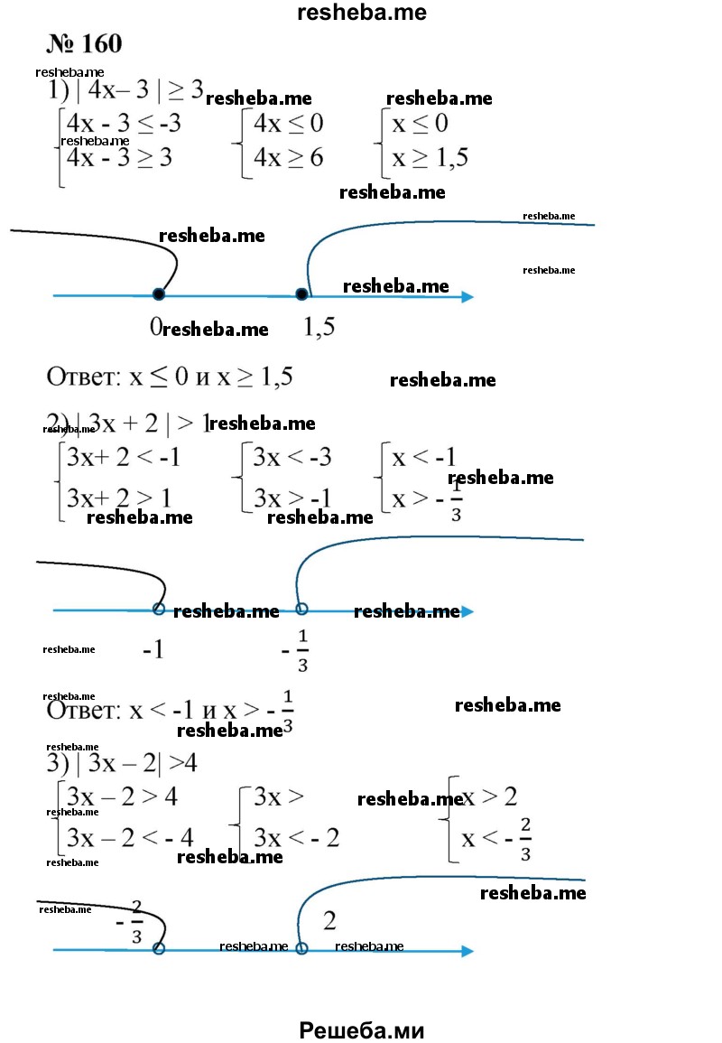 
    160. 1) |4х - 3| ≥ 3;
2) |3х + 2 | > 1; 
3) |3х - 2 | > 4; 
4) |4-5х|≥ 4.
