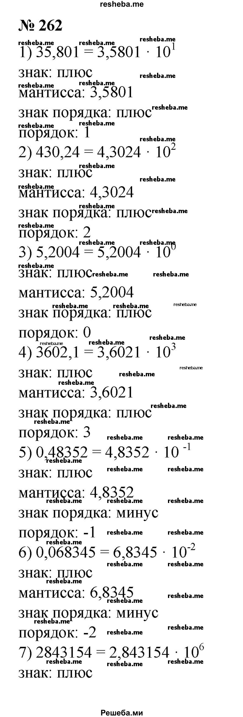 
    262. 1) 35,801; 
2) 430,24; 
3) 5,2004; 
4) 3602,1;
5) 0,48352;
6) 0,068345;
7) 2 843 154;
8) 12 345 678.
