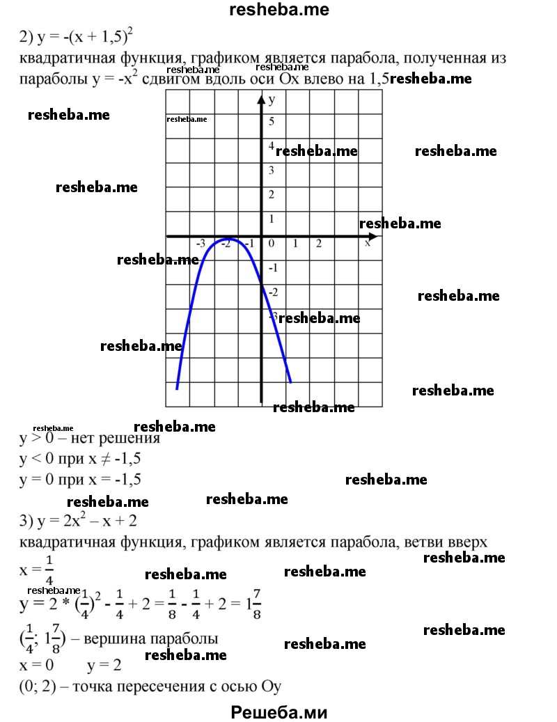 
    656. Построить график функции:
1) У = 2х^2;
2) у = -(х + 1,5)^2;
3) у = 2х^2-х + 2;
4) у = -Зх^2-х-2.
По графику найти все значения х, при которых функция принимает положительные значения; отрицательные значения; значения, равные нулю.
