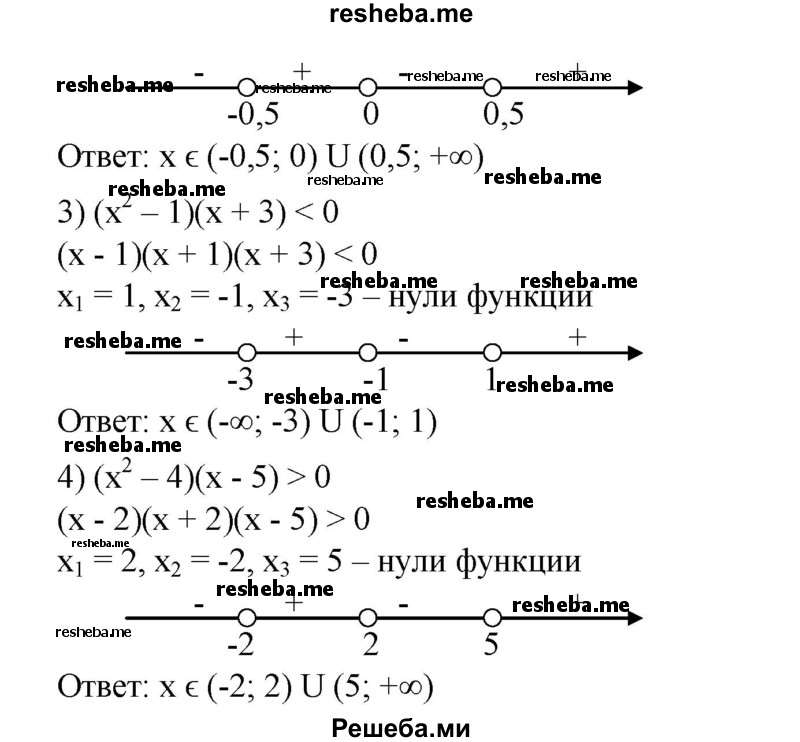 
    677. 1)	х^3 - 16х < 0;
2) 4х^3 - х > 0;		
3) (х^2 - 1)(х + 3) < 0;
4) (х^2 - 4)(х - 5) > 0.
