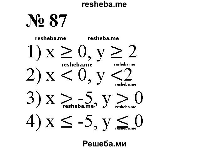 
    87. На рисунке 6 изображен график линейной функции y = kx + b. Записать, какие значения принимает у, если: 
1) х ≥ 0;	
2) х < 0;
3) х>-5;	
4) х ≤ -5.
