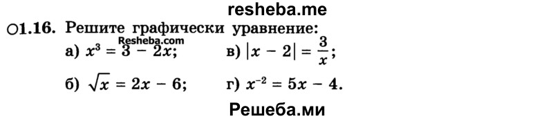 
    1.16. Решите графически уравнение:
а) х3 = 3 - 2х; 
б) √x = 2х - 6; 
в) |х – 2| = 3/x;
г) х-2 = 5х - 4.
