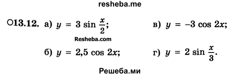 
    13.12. 
а) y = 3sinx/2;
б) у = 2,5 cos 2х;
в) у = -3 cos 2х; 
г) у = 2 sin x/3.
