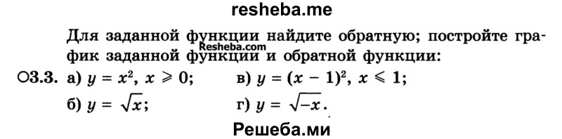 
    З.З. 
а) у = х2, х > 0; 
б) у = √x;	 
в) у = (х - 1)2, х ≤ 1;
г) у = √-x.
