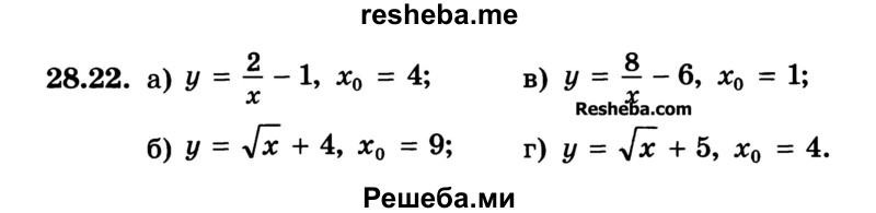 
    28.22. 
а) у = 2/x - 1, х0 =4;
б) у = √х + 4, x0 = 9; 
в) у = 8/x -6 , х0 = 1;
г) у = √х + 5, х0 = 4.

