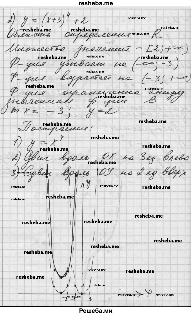  123. Построить график функции, указать её область определения и множество значений. Выяснить, является ли функция возрастающей (убывающей), является ли функция ограничен¬ной, принимает ли она наибольшее (наименьшее) значение: 1) у = - (х - 2)^3 - 1; 2) у = (х + З)^4 + 2. 