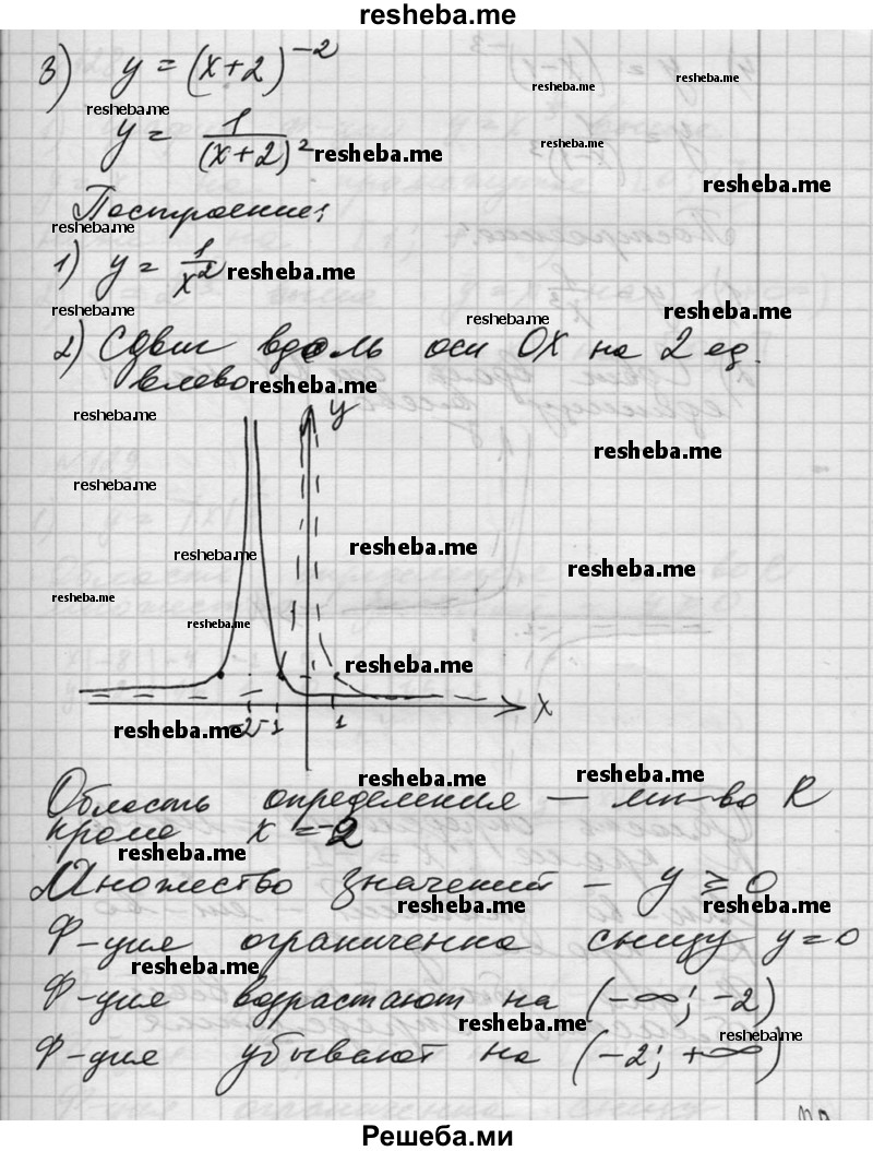  127. Изобразить схематически график функции и найти её область определения и множество значений; выяснить, являет¬ся ли функция возрастающей (убывающей), ограниченной сверху (снизу): 1) у = (х-2)^7; 2) у = (х + 1)^6; 3) у = (х+2)-2; 4) у = (х- 1)^-3. 