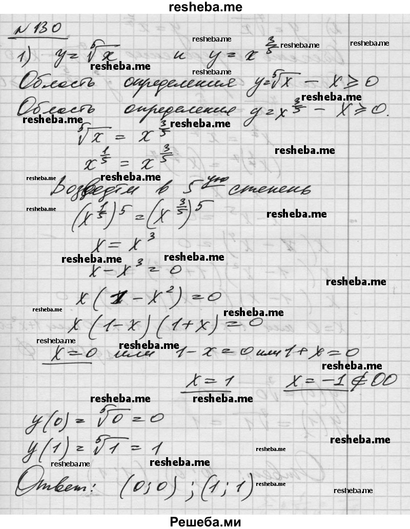  130. Найти координаты точки пересечения графиков функций: 1) у = ^5√х и у = х^3/5 ; 2) у = ^7√x И у = х^5/7. 