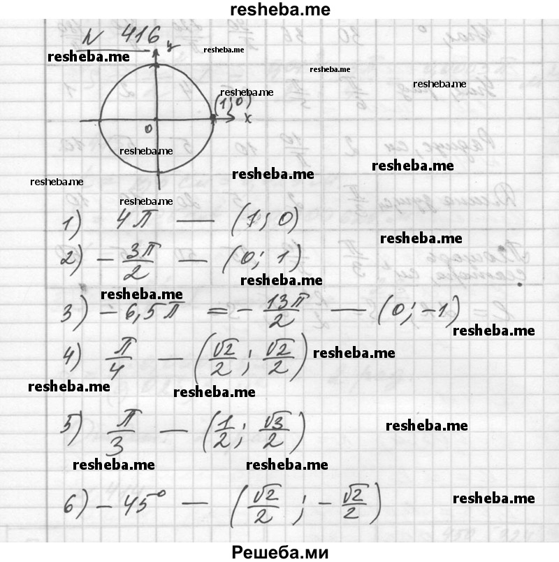 
    416. Найти координаты точки единичной окружности, полученной поворотом точки (1; 0) на угол:
1) 4π; 
2) -3/2 π; 
3) -6,5 π; 
4) π /4;
5) π /3;
