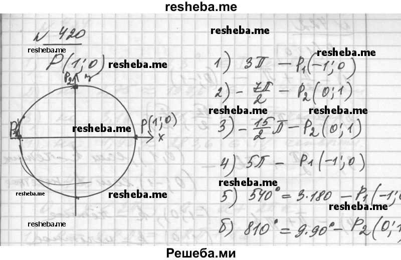 
    420. Найти координаты точки, полученной поворотом точки Р (1; 0) на угол:
1) З π; 
2) – 7/2 π;
3) -15/2 π ;
4) 5 π; 
5) 540°; 
6) 810°.
