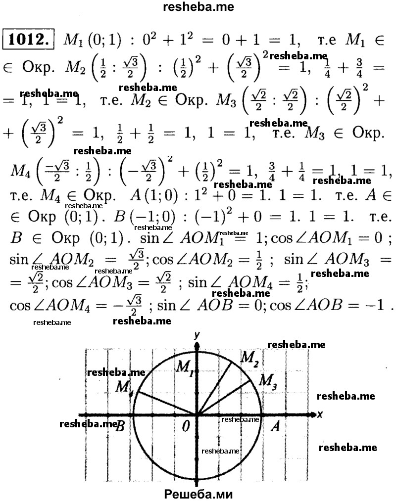 
    1012 Проверьте, что точки М1 (0; 1), М2 ( ½ ; √3/2), M3 (√2/2; V2/2)
M4 (-√3/2; ½ ) А(1;0), В(-1;0) лежат на единичной полуокружности. Выпишите значения синуса, косинуса и тангенса углов АОМ1 АОМ2, АОМ3, АОМ4, АОВ.
