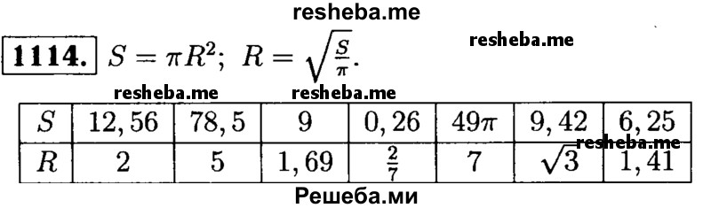
    1114	 Перечертите таблицу и, используя формулу для площади S круга радиуса R, заполните пустые клетки. Воспользуйтесь значением π = 3,14.
S			9		49π			6,25
R	2	5		2 7		54,3	√3
