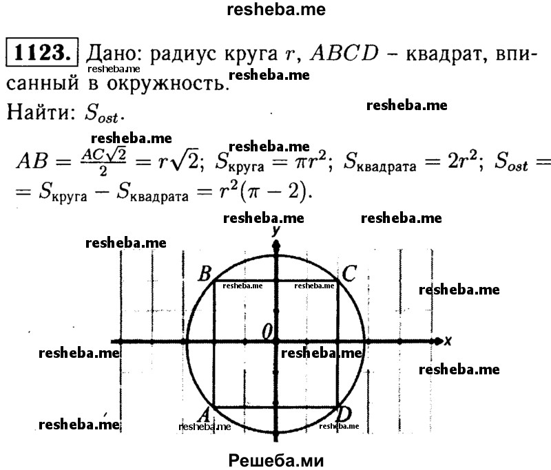 
    1123	 Из круга радиуса г вырезан квадрат, вписанный в окружность, которая ограничивает круг. Найдите площадь оставшейся части круга.
