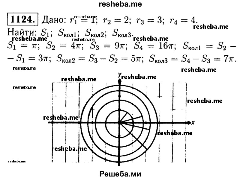 
    1124	 На мишени имеются четыре окружности с общим центром, радиусы которых равны 1, 2, 3 и 4. Найдите площадь наименьшего круга, а также площадь каждого из трёх колец мишени.

