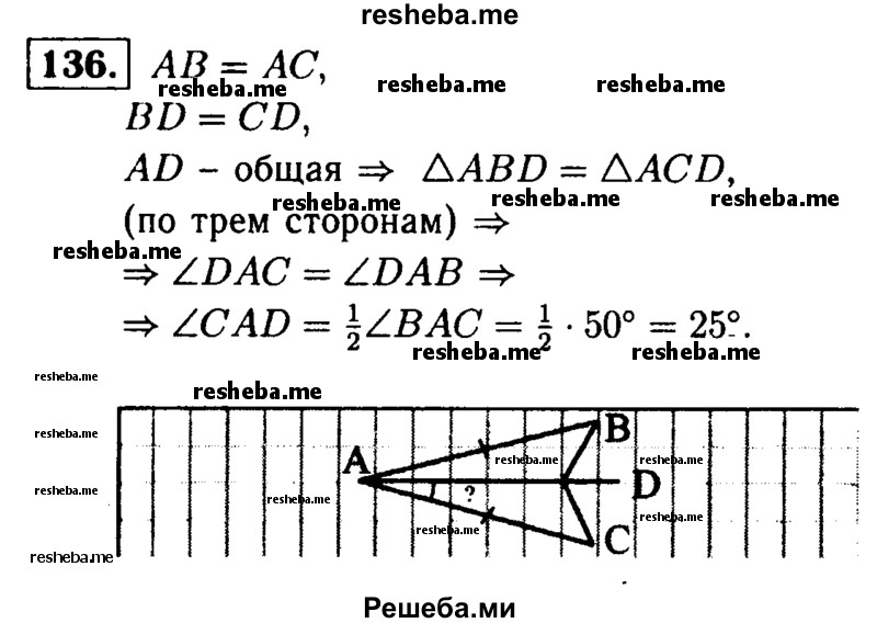 
    136	 На рисунке 52 (см. с. 31) АВ = АС, BD = DC и ∠BAC = 50°. Найдите ∠CAD.
