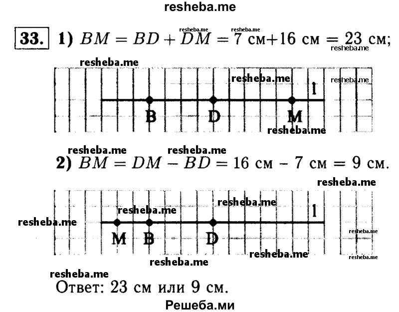 
    33	 Точки В, D и М лежат на одной прямой. Известно, что BD- 7 см, MD- 16 см. Каким может быть расстояние BМ?

