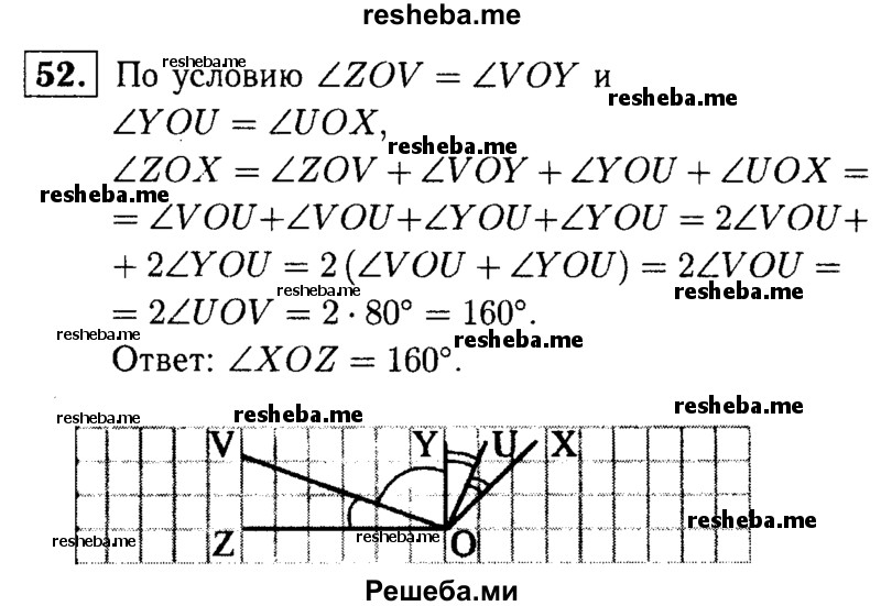 
    52	На рисунке 39 луч OV является биссектрисой угла ZOY, а луч OU — биссектрисой угла XOY. Найдите угол XOZ, если ZUOV= 80°.
