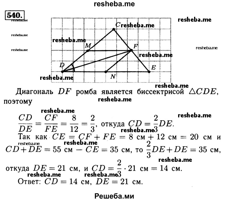 
    540	Периметр треугольника CDE равен 55 см. В этот треугольник вписан ромб DM FN так, что вершины М, F и N лежат соответственно на сторонах CD, СЕ и DE. Найдите стороны CD и DE, если CF = 8 см, EF = 12 см.
