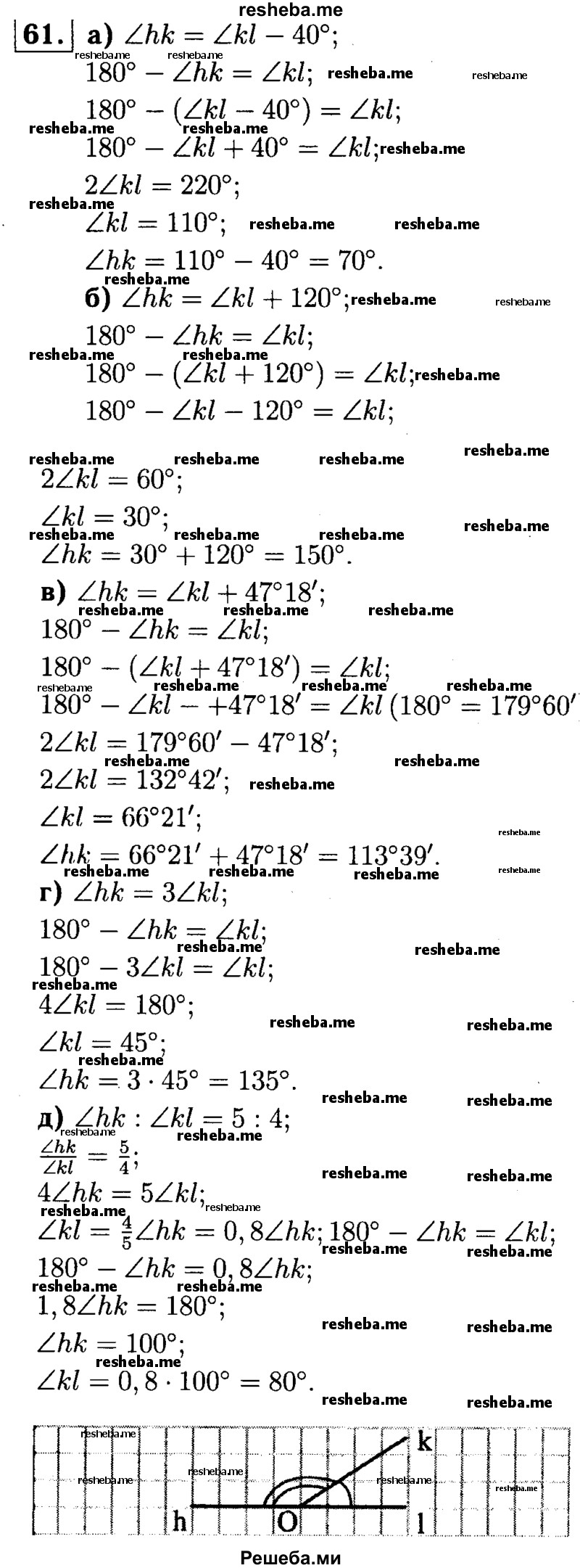 
    61	Найдите смежные углы hk и kl, если:
а)	∠hk меньше ∠kl на 40°;
б)	∠hk больше ∠kl на 120°;
в)	∠hk больше ∠kl на 47°18';
г)	∠hk = 3∠kl;
д)	∠hk : ∠kl = 5:4.
