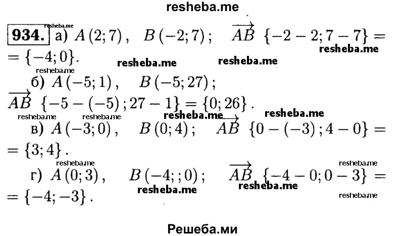 
    934	Найдите координаты вектора АВ, зная координаты его начала и конца: а) А (2; 7), B (-2; 7); б) А (-5; 1), B (-5; 27); в) А (-3; 0), B (0; 4); г) А (0; 3), B (-4; 0).
