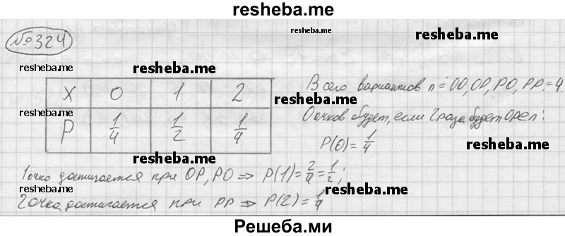 
    324.	На стол бросают две монеты. Исходу «орёл» припишем условное числовое значение 0, а исходу «решка» — 1. Составить таблицу распределения по вероятностям Р значений случайной величины X — суммы выпавших на монетах чисел.
