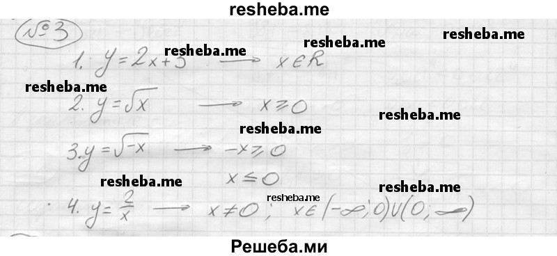 
    3.	Привести пример функции, областью определения которой является:
1)	множество всех действительных чисел;
2)	множество всех неотрицательных чисел;
3)	множество всех неположительных чисел;
4)	множество всех действительных чисел, отличных от нуля.
