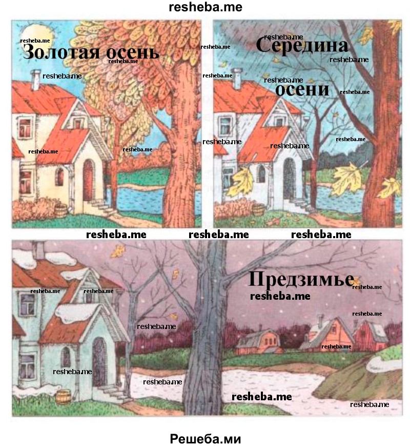 Почему про осень нарисованы три разных рисунка? Соотнеси их с названиями: «Золотая осень», «Предзимье», «Середина осени». Расскажи о любом периоде осени