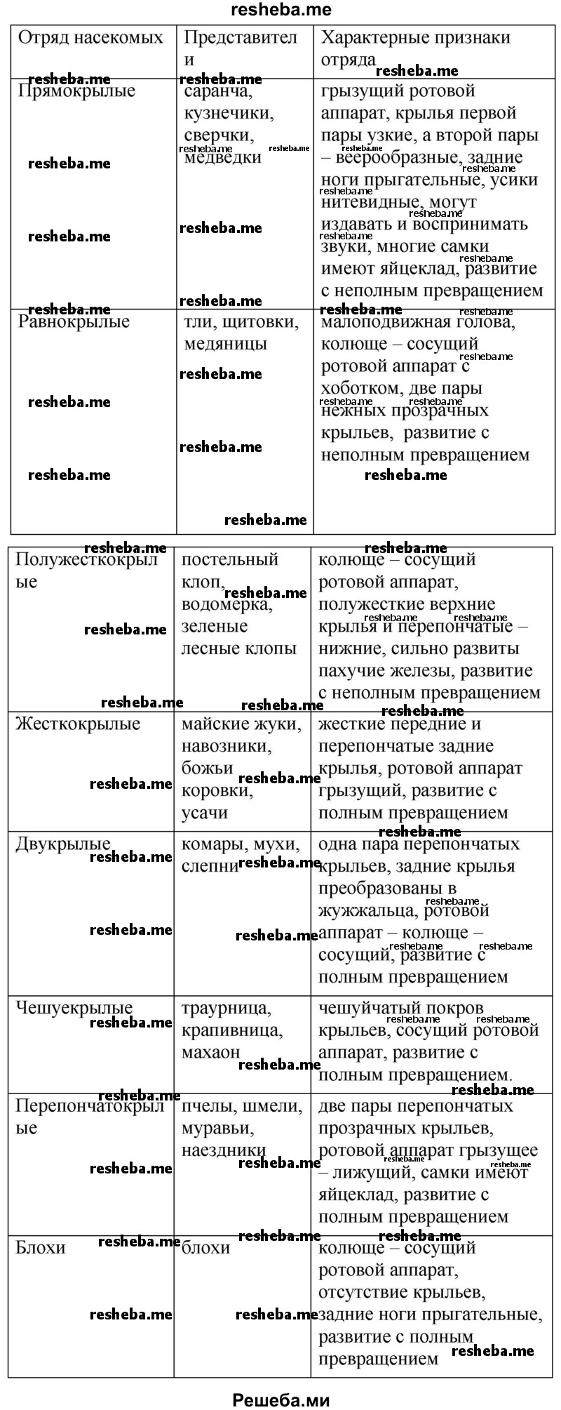 Отряды насекомых таблица 7 класс