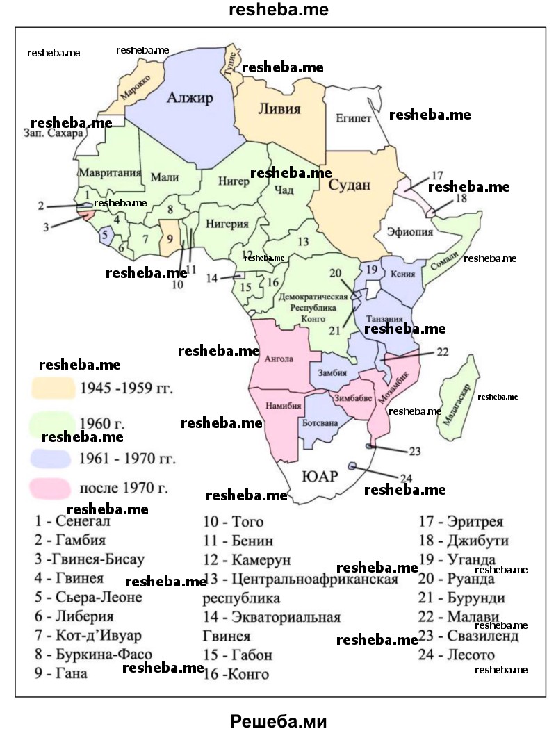 Пользуясь табл. 1 в «Приложениях», нанесите на контурную карту страны Африки, получившие политическую независимость после Второй мировой войны