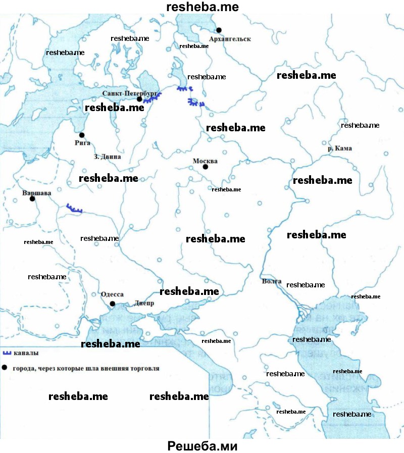 Обозначьте каналы; подчеркните названия городов, через которые осуществлялась внешняя торговля России